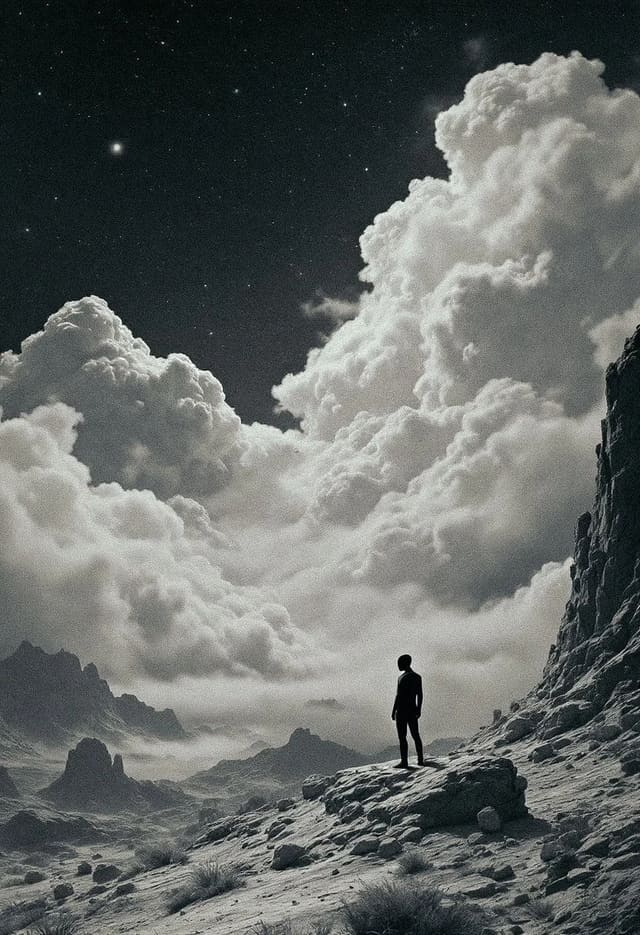 Retro 1970s sci-fi space poster aesthetic with faceless figure