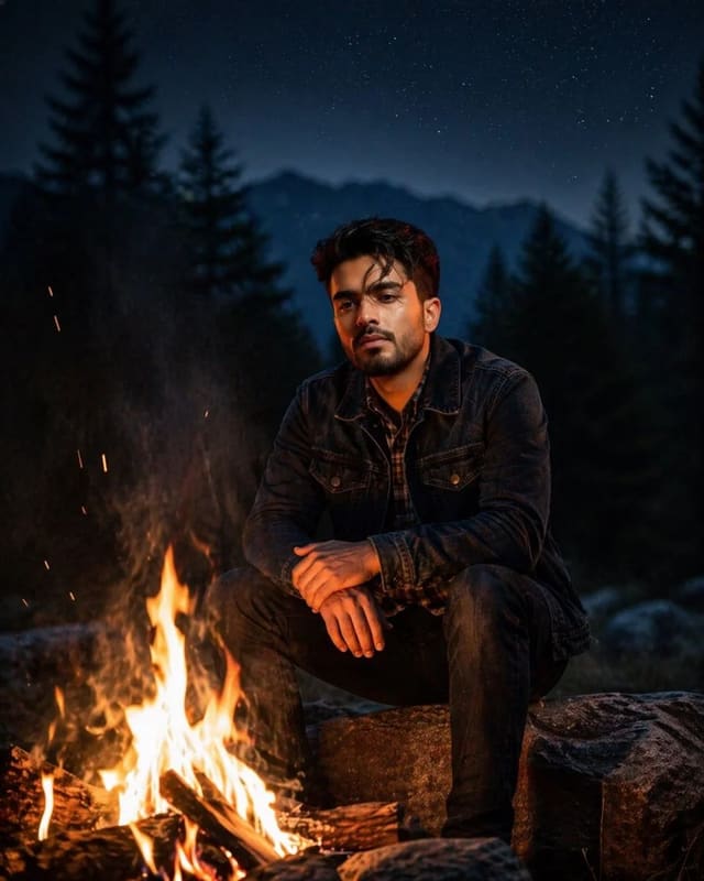 Ultra-realistic cinematic campfire portrait at night