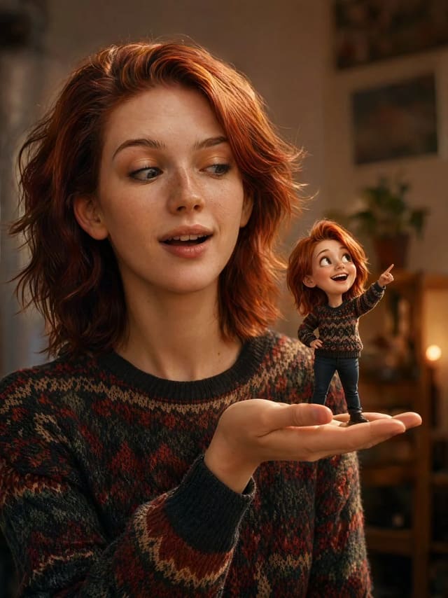 Woman Holding a 3D Miniature of Herself