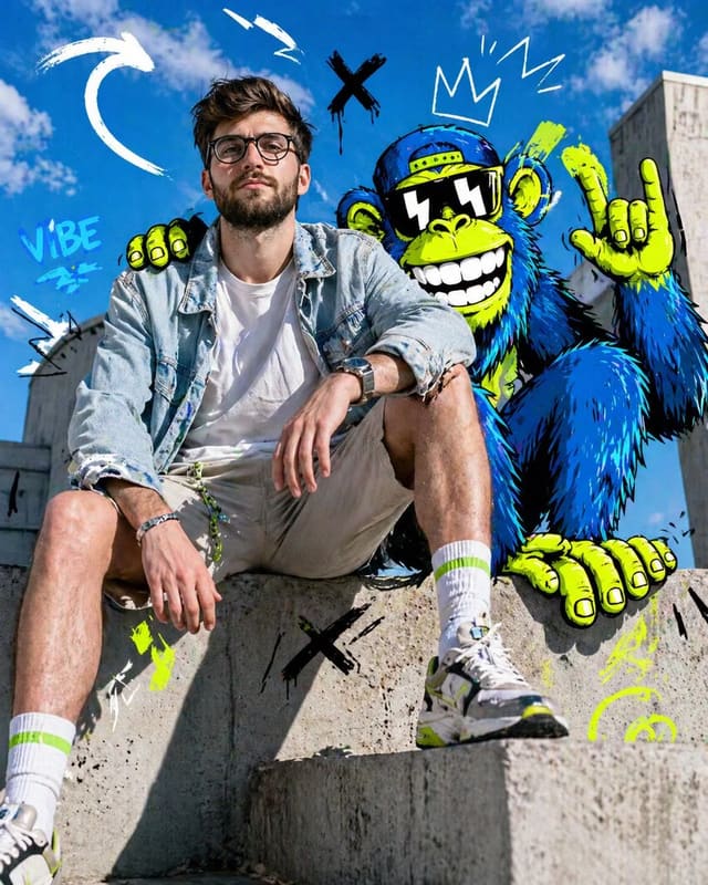 Fashion editorial portrait with stylized cartoon animal companion