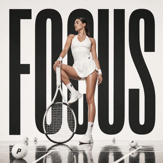 Avant-garde sports fashion advertisement with monumental tennis racket