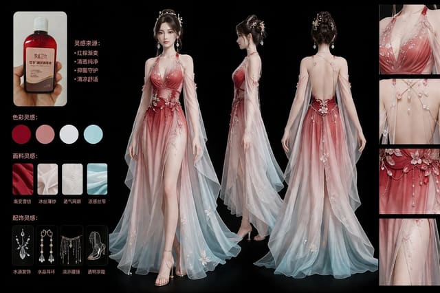 用 GPT-Image-2 将碘伏消毒液商品灵感转化为清凉风格女装设计