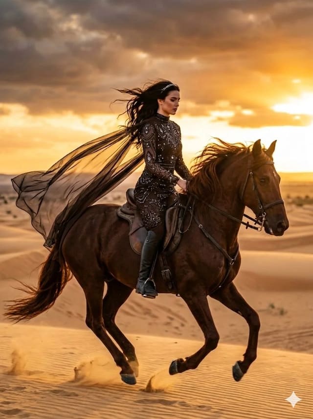 Cinematic desert horse rider at golden hour