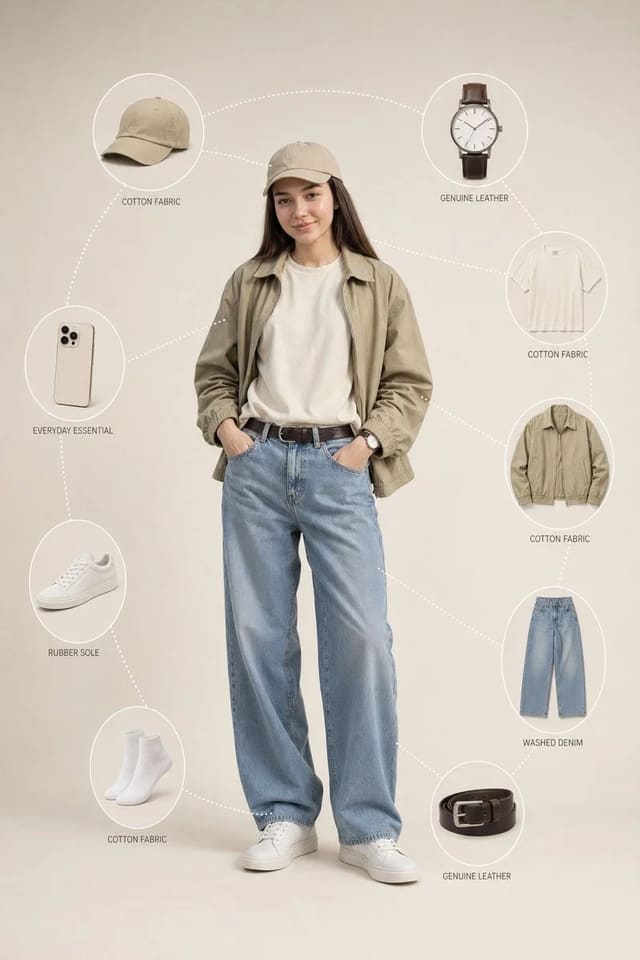 Ultra-realistic men's fashion infographic with exploded outfit elements