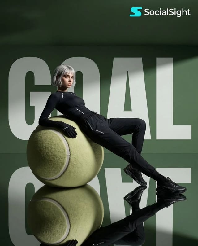 Avant-garde sports fashion editorial with oversized tennis ball sculpture