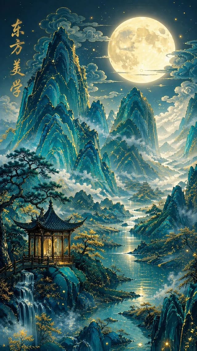 GPT Image 2 青山绿水新中式幻想插画提示词
