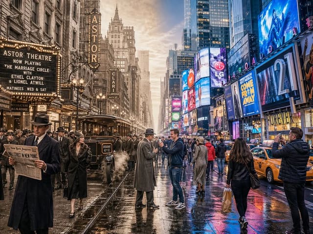 Cinematic Split-Screen Time-Travel Scene in Times Square