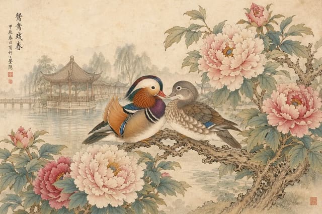 传统工笔重彩湖畔牡丹鸳鸯