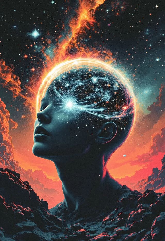 Retro 1970s sci-fi space poster aesthetic with faceless figure