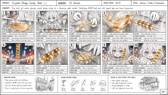 Anime Storyboard Sheet for Glowing Crystal Dango Food Reel