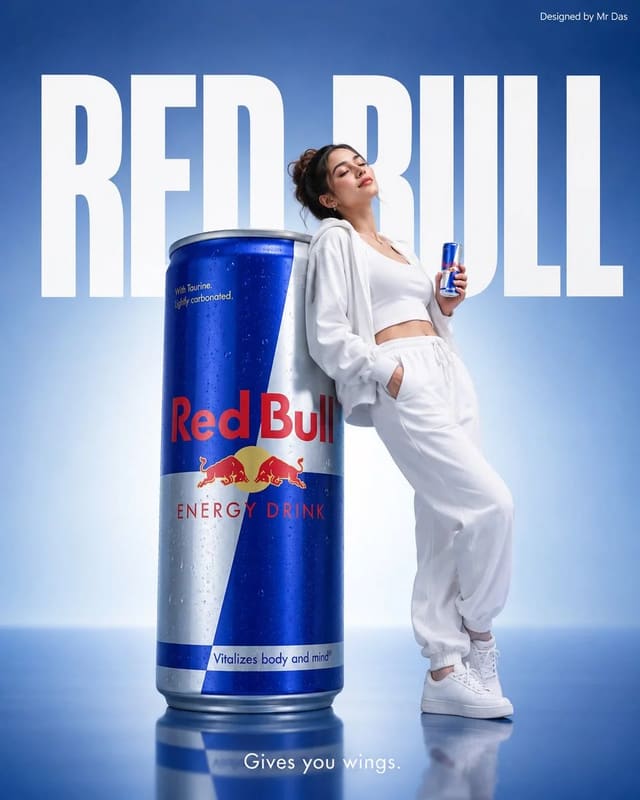 Minimalist Red Bull Commercial Ad with Oversized Can