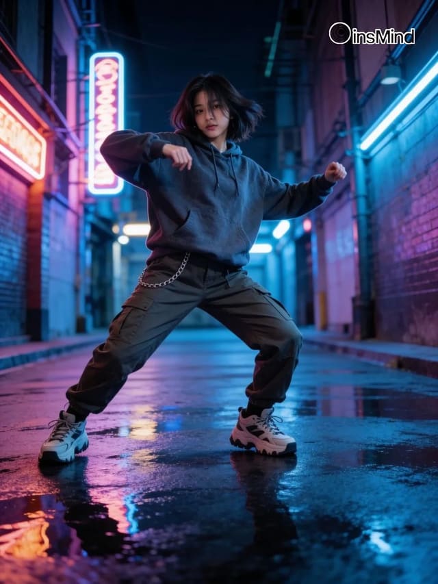 Urban Freestyle Dance Sequence in a Neon-Lit Alley