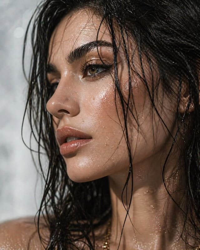 Ultra-detailed wet profile portrait of a young woman