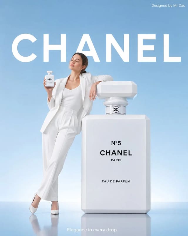 Minimalist Chanel-Style Perfume Ad with Oversized Bottle