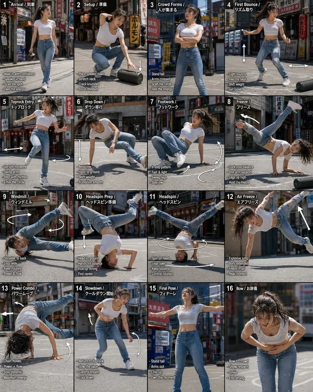 Storyboard-to-video breakdance animation in Japanese street setting