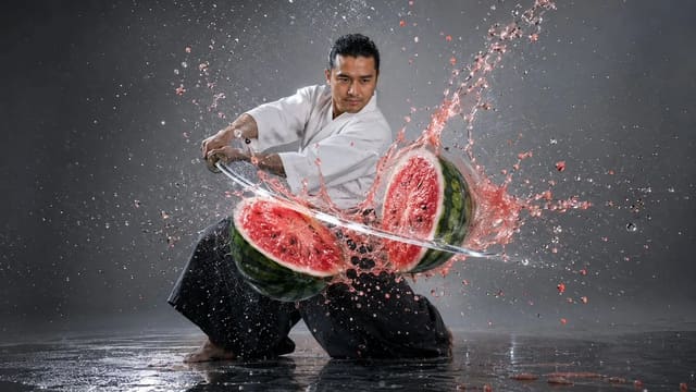Photorealistic Katana Slash Through Watermelon
