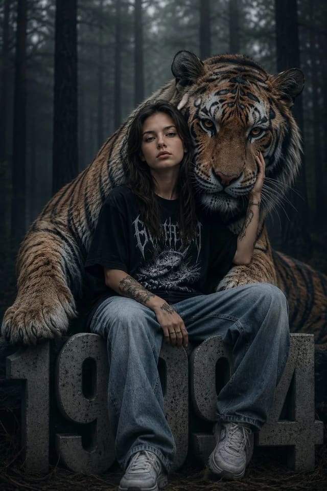Dark fantasy portrait with girl and Bengal tiger in foggy pine forest