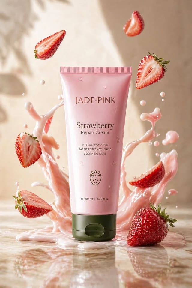 Strawberry Repair Cream product shot with fruit splashes