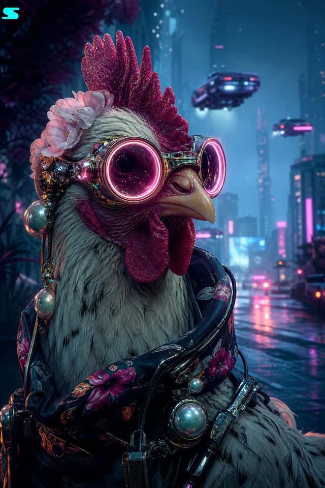 Surreal retro-futurist Vogue-style chicken portrait