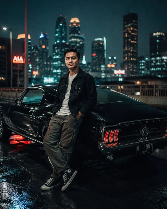 Cinematic Night Portrait with 1960s Ford Mustang