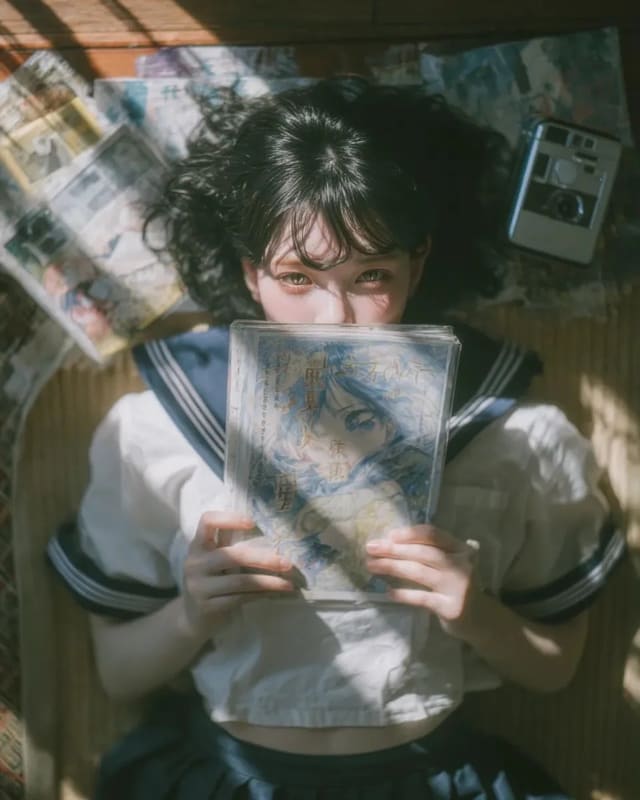 Top-down cinematic Japanese schoolgirl portrait with retro room props