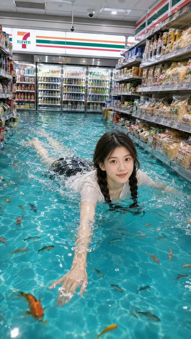 Surreal flooded 7-Eleven swimming portrait