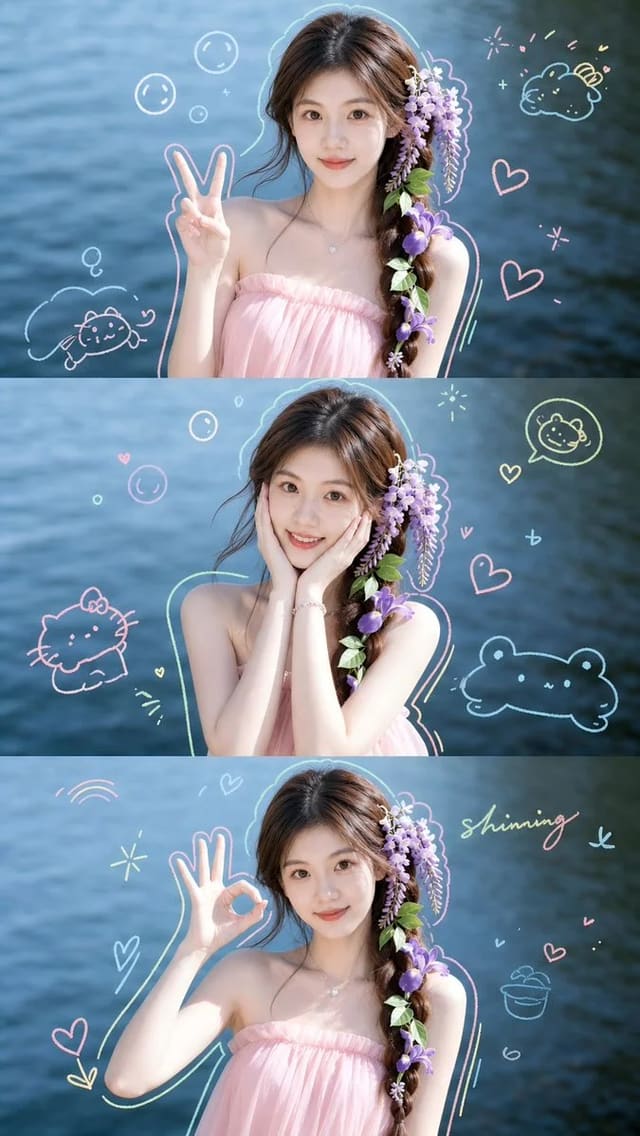 Pastel three-panel waterside portrait with playful doodles