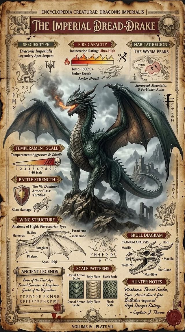 Vintage Fantasy Encyclopedia Dragon Species Poster