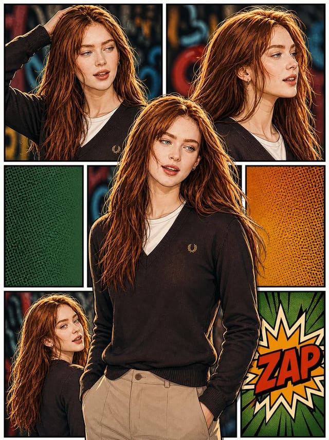 Semi-realistic 3D pop-art comic portrait with six-panel layout