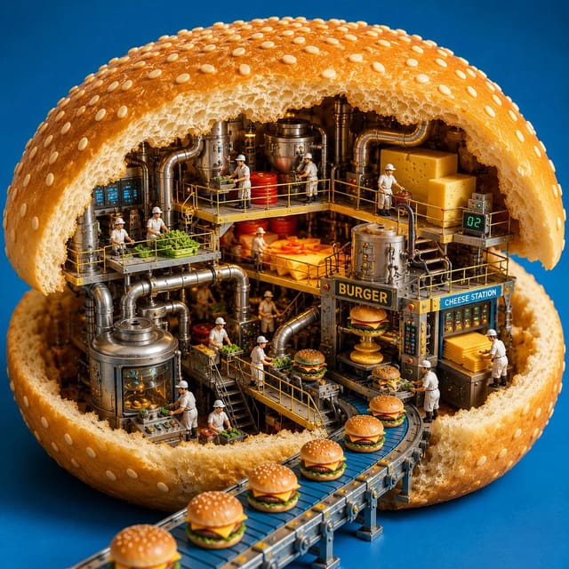 Miniature burger factory inside a giant sesame bun