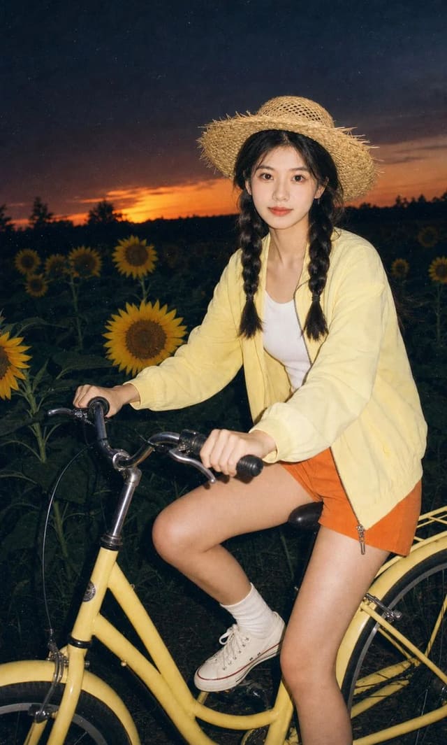 Flash-film summer night in a sunflower field