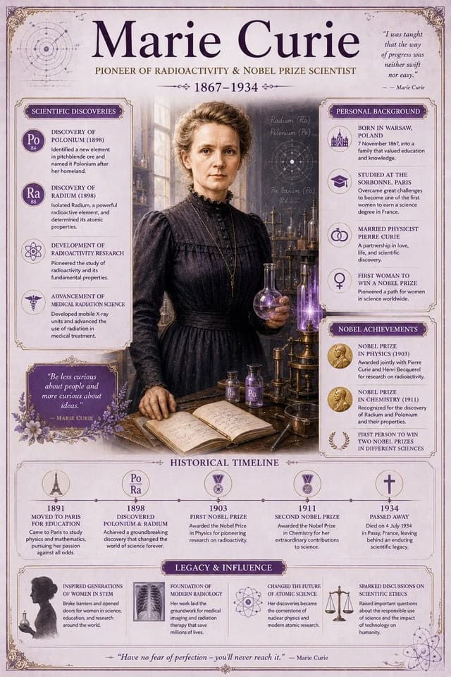 Vintage Encyclopedia-Style Marie Curie Educational Infographic