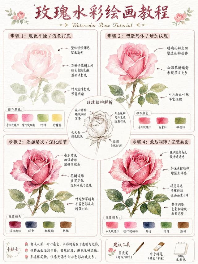 GPT Image 2 玫瑰水彩绘画教程设计师