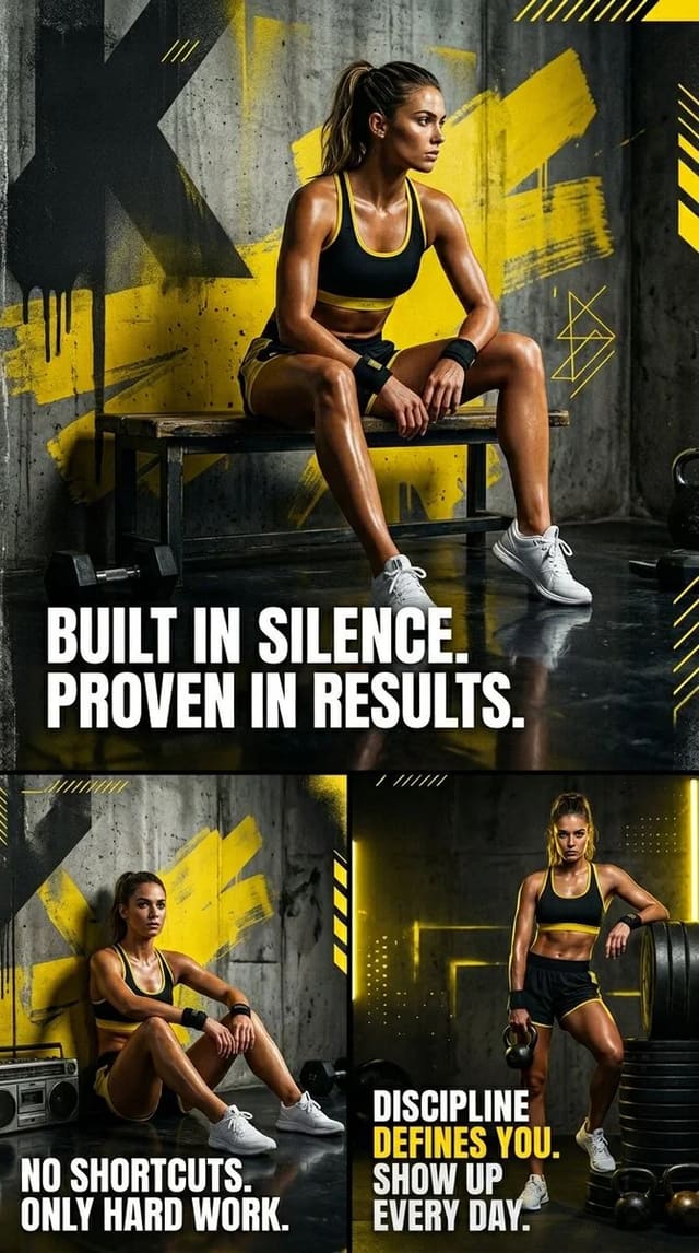 Cinematic Black and Yellow Triptych Fitness Editorial Poster