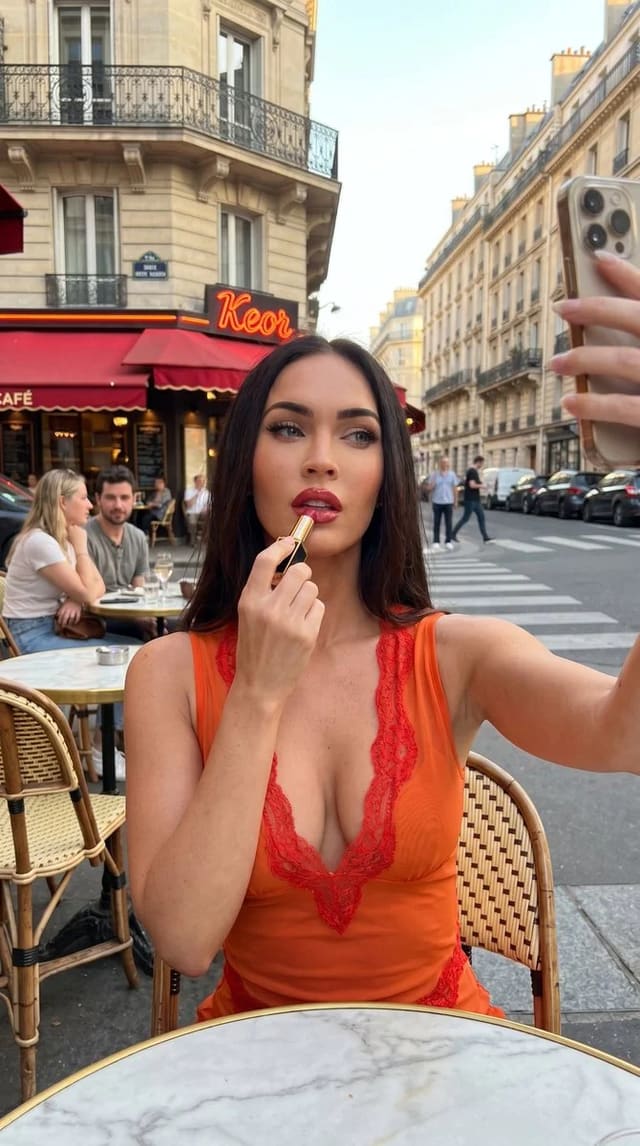 Parisian café selfie with red lipstick