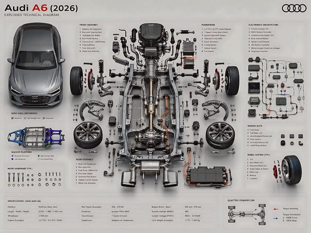 Ultra-High Fidelity Exploded Technical Diagram of a 2026 Audi A6