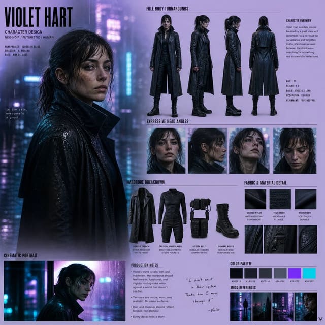 Cinematic Neo-Noir Character Design Board