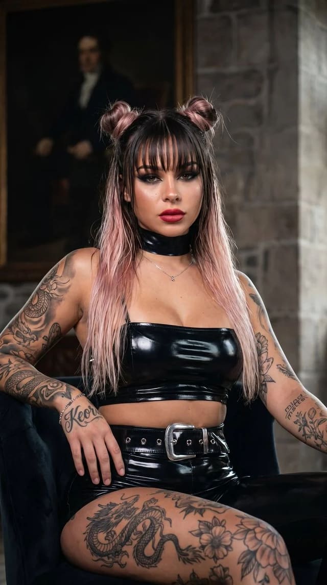 Photorealistic Tattooed Woman in Black Latex in Gothic Dragon Temple