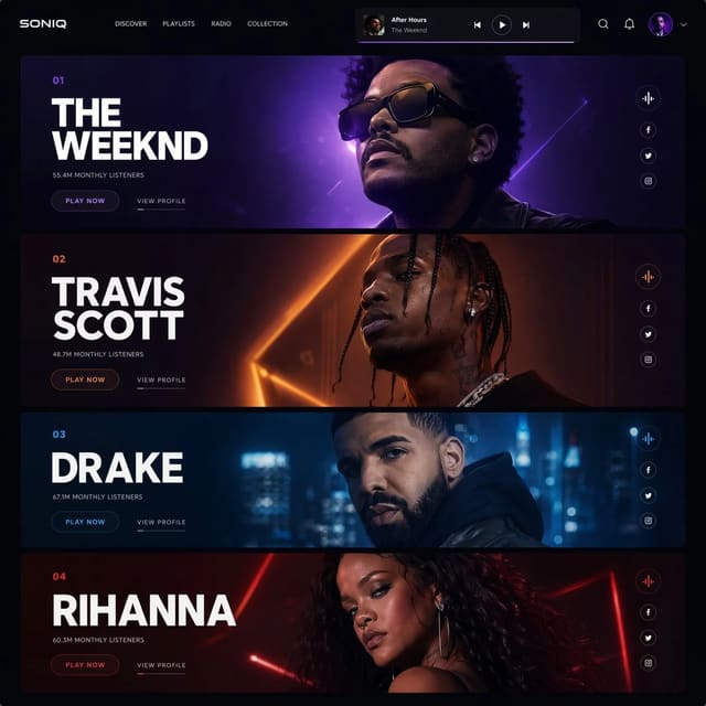 Futuristic Music Streaming Website UI with Stacked Artist Hero Banners