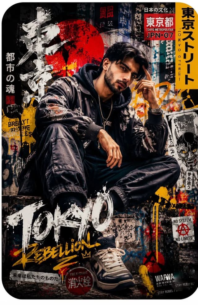 Japanese Graffiti Street-Fashion Portrait Poster