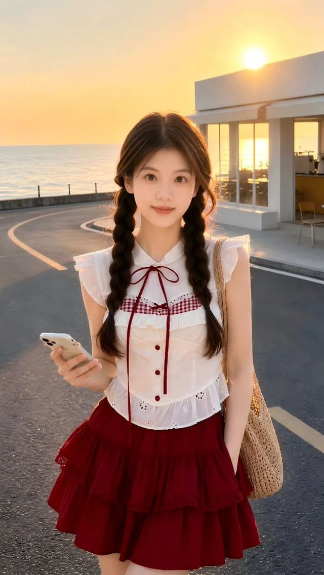 Golden-hour seaside street portrait with identity reference