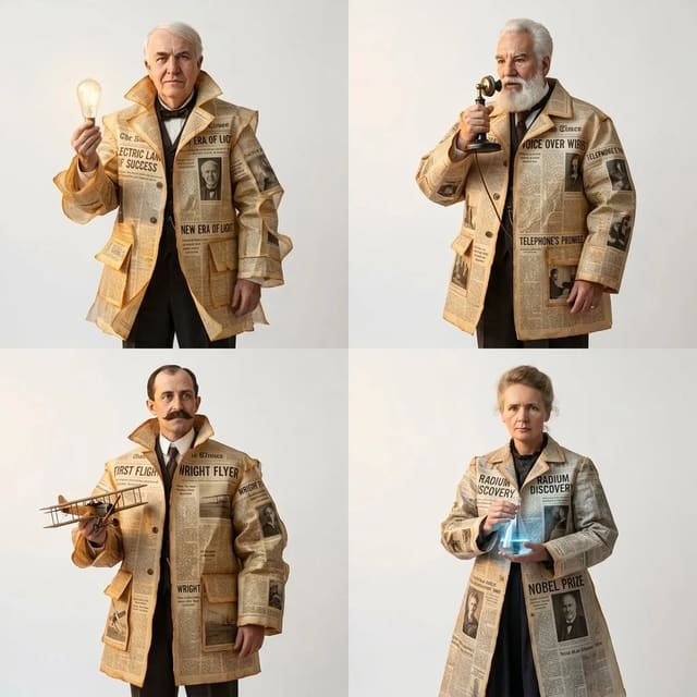 Experimental inventor editorial portraits with vintage newspaper coats