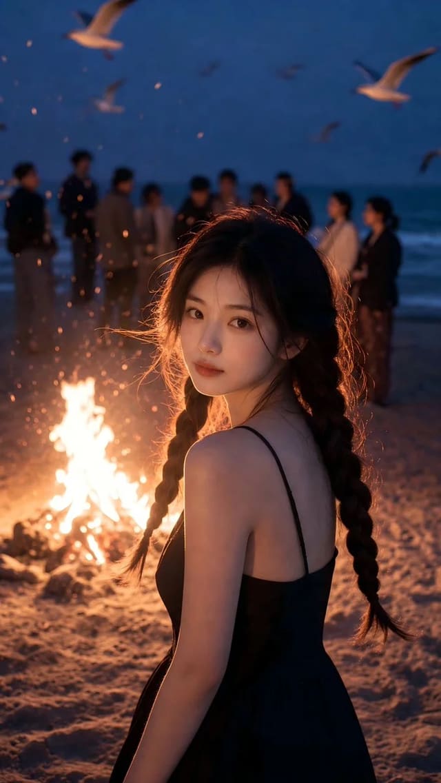 Blue-hour beach bonfire portrait with warm firelight