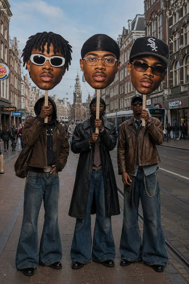 Surreal Street-Style Fashion Scene with Oversized Head Cutouts