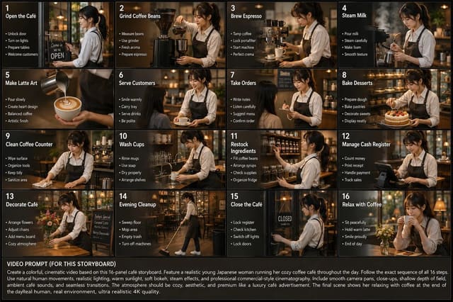 16-Panel Cinematic Storyboard of a Japanese Café Owner’s Daily Routine