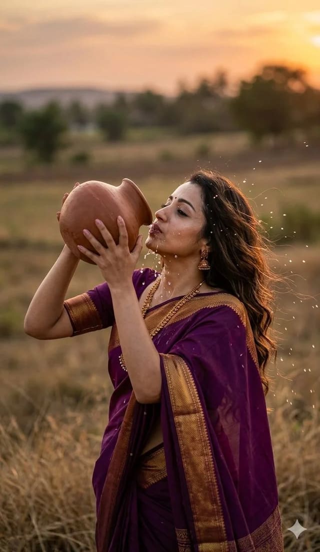 Woman in Purple Sari Drinking from Clay Pot at Sunset