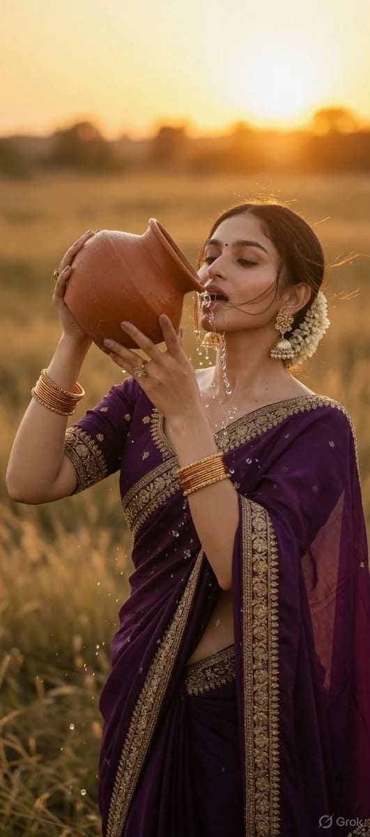 Woman in Purple Sari Drinking from Clay Pot at Sunset