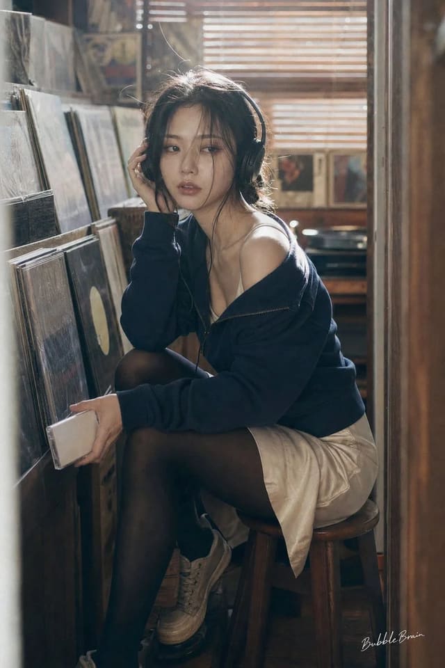 Japanese Negative Film Editorial Portrait in a Vinyl Listening Booth