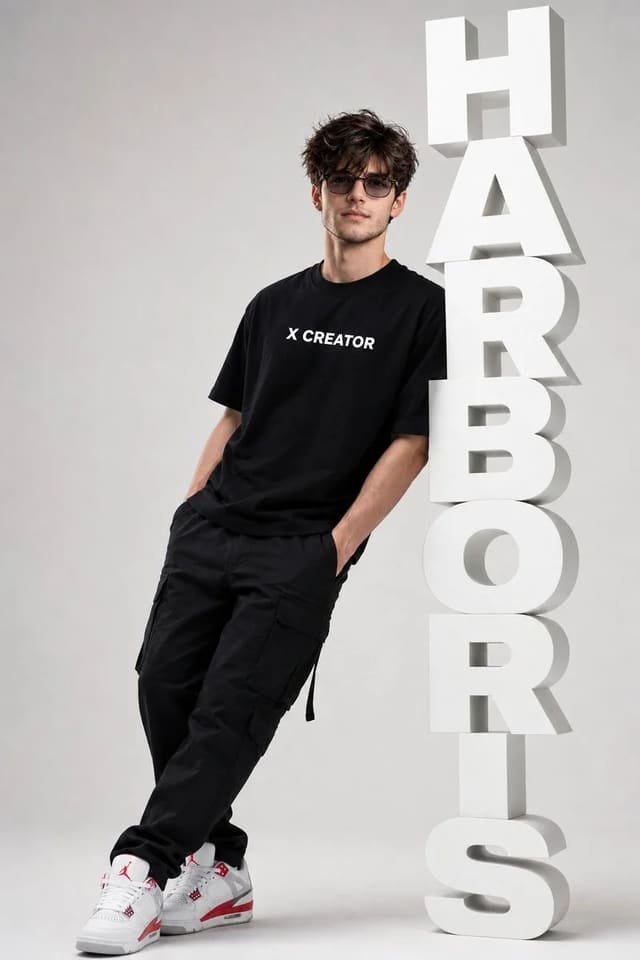 GPT Image 2 fashion editorial portrait with 3D HARBORIS letters