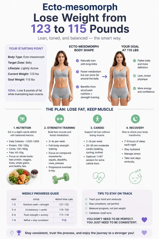 Ecto-Mesomorph 123 to 115 lbs Fitness Transformation Infographic